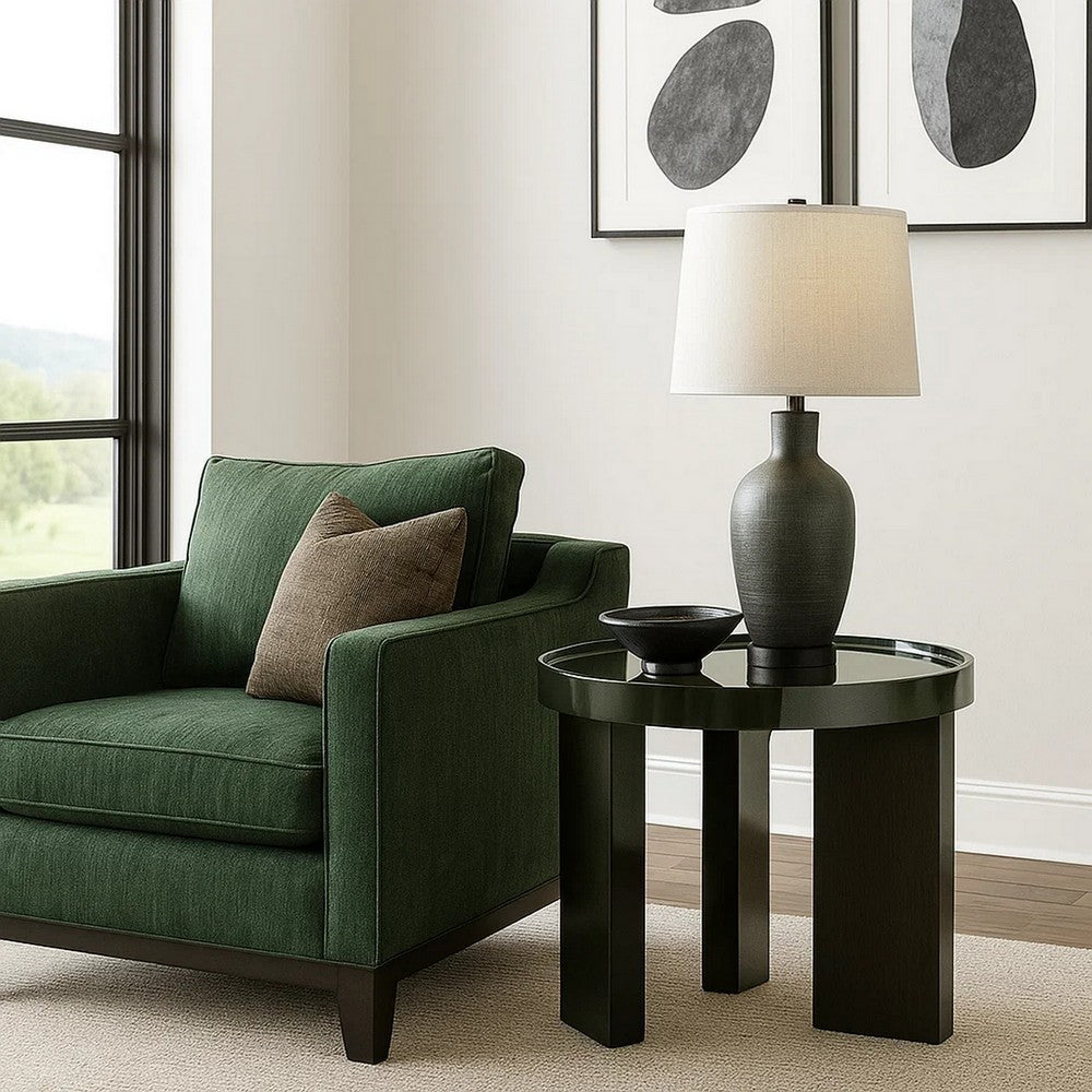 Lexy Side End Table, 24 Inch Round Top, High Gloss Blackish Green