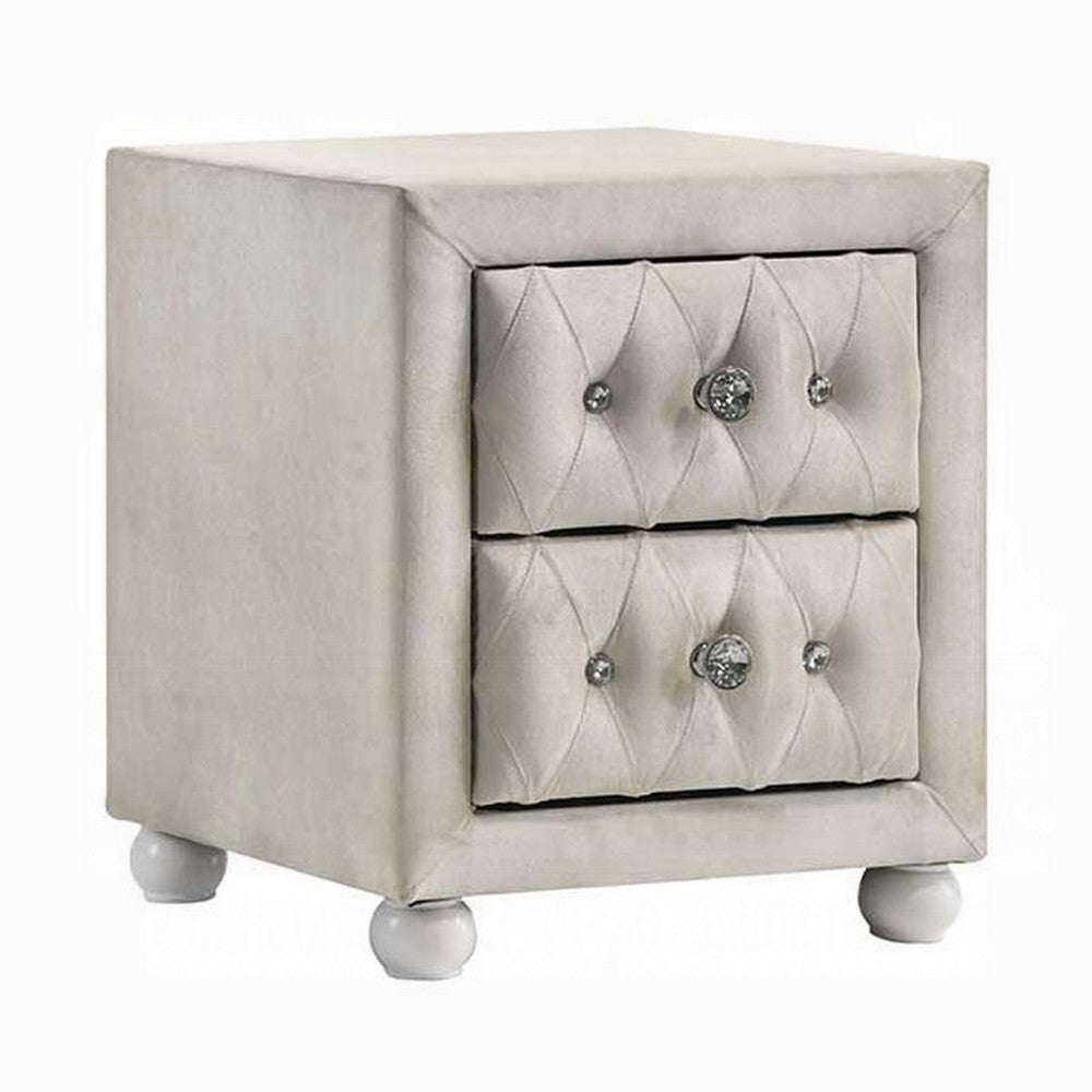 Rex Nightstand, 2 Drawers, Classic Crystal Tufted Beige Upholstery