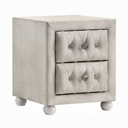 Rex Nightstand, 2 Drawers, Classic Crystal Tufted Beige Upholstery