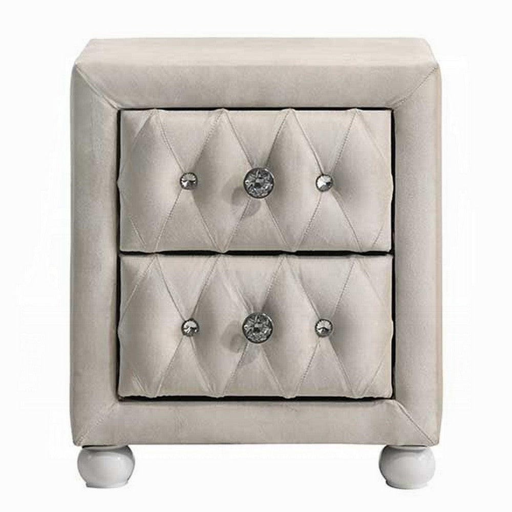 Rex Nightstand, 2 Drawers, Classic Crystal Tufted Beige Upholstery