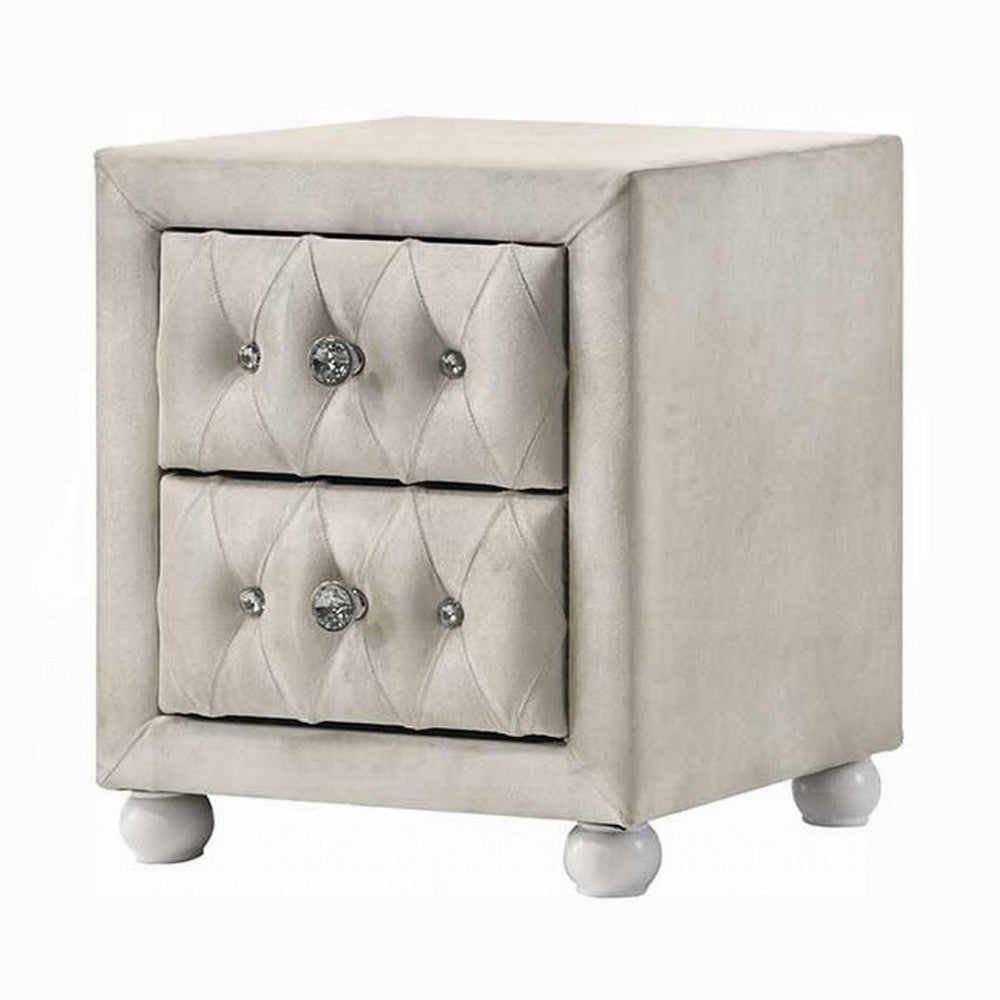 Rex Nightstand, 2 Drawers, Classic Crystal Tufted Beige Upholstery