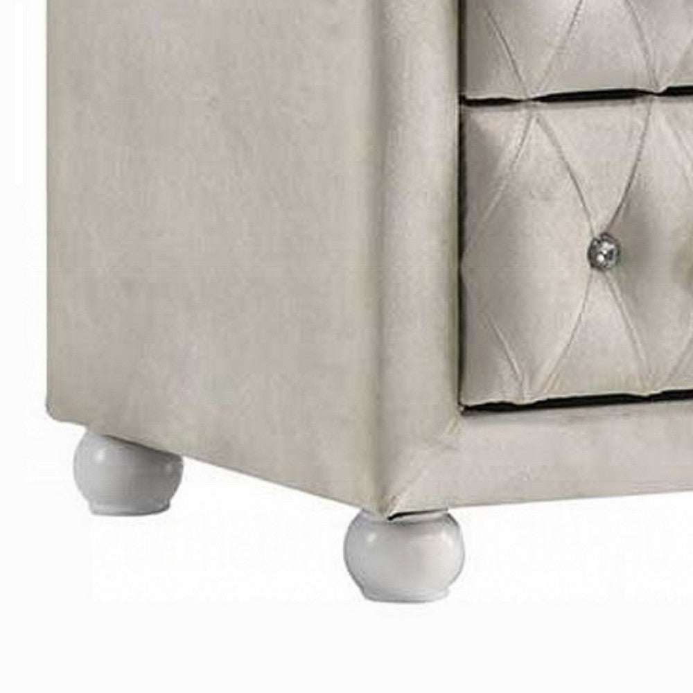 Rex Nightstand, 2 Drawers, Classic Crystal Tufted Beige Upholstery