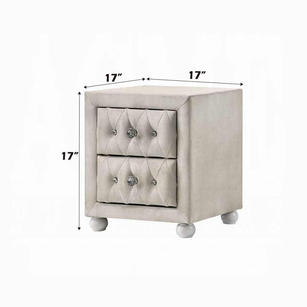 Rex Nightstand, 2 Drawers, Classic Crystal Tufted Beige Upholstery