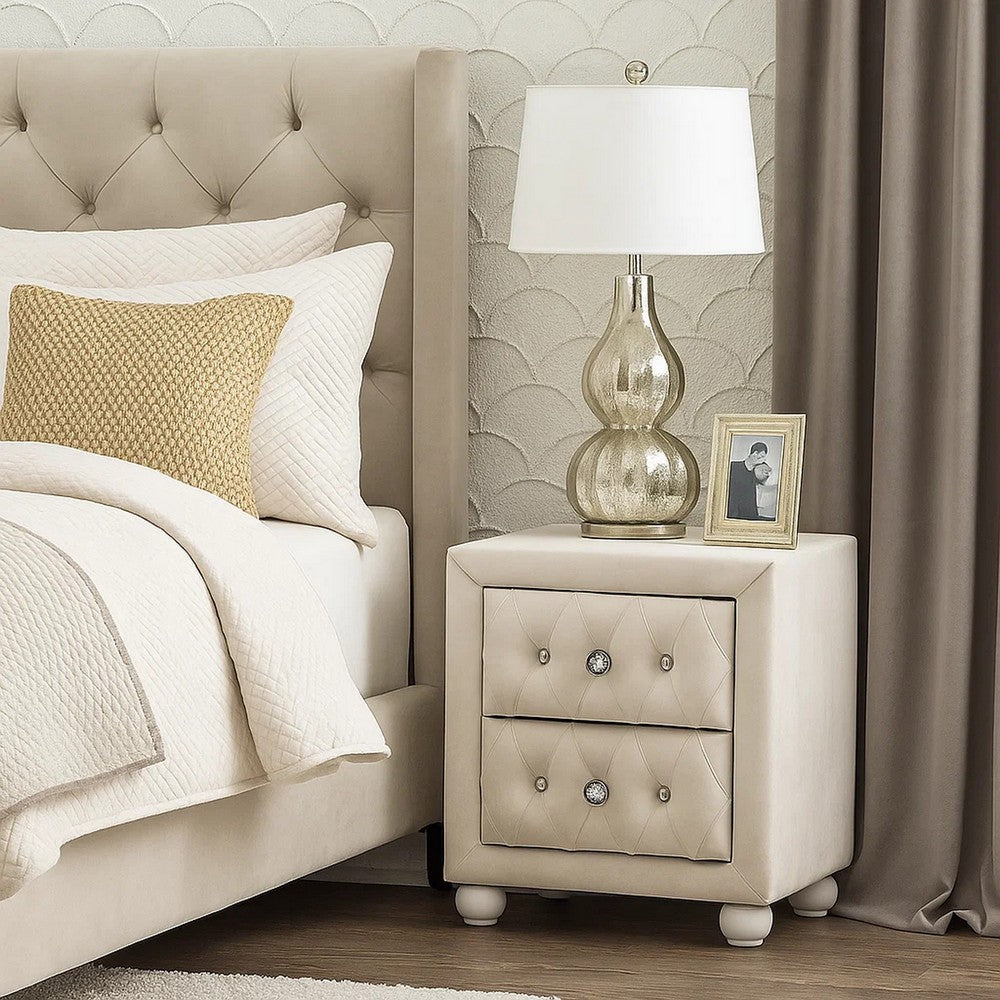 Rex Nightstand, 2 Drawers, Classic Crystal Tufted Beige Upholstery