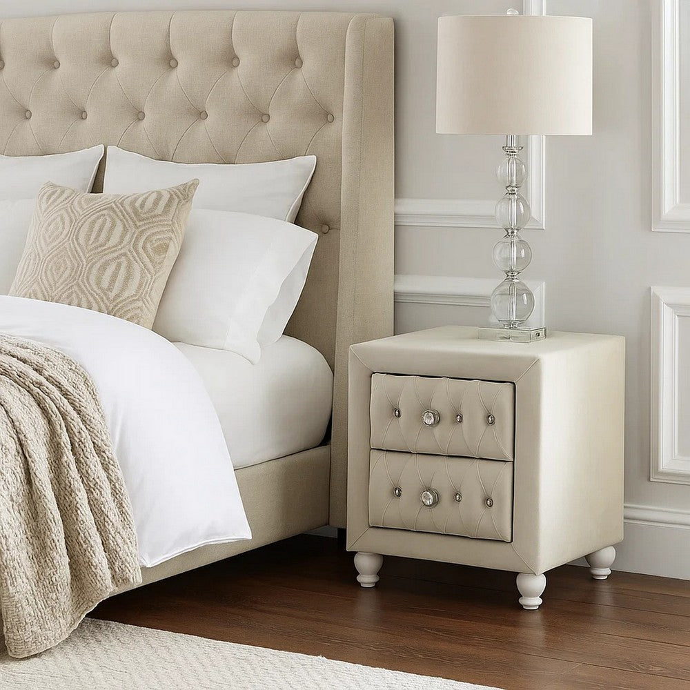 Rex Nightstand, 2 Drawers, Classic Crystal Tufted Beige Upholstery