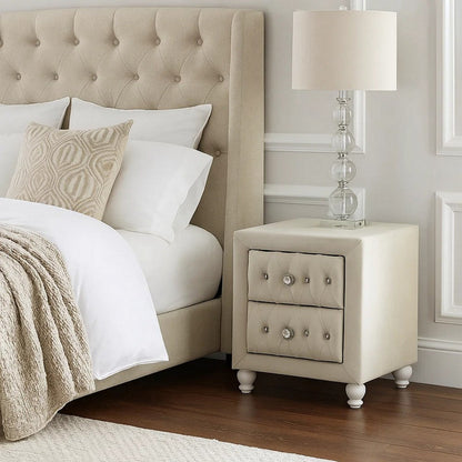 Rex Nightstand, 2 Drawers, Classic Crystal Tufted Beige Upholstery