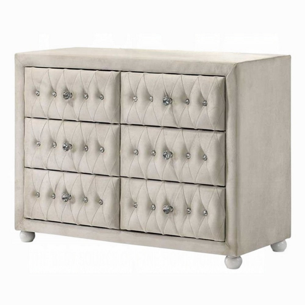 Rex 40 Inch Wide Dresser, 6 Drawers, Crystal Tufted Beige Upholstery