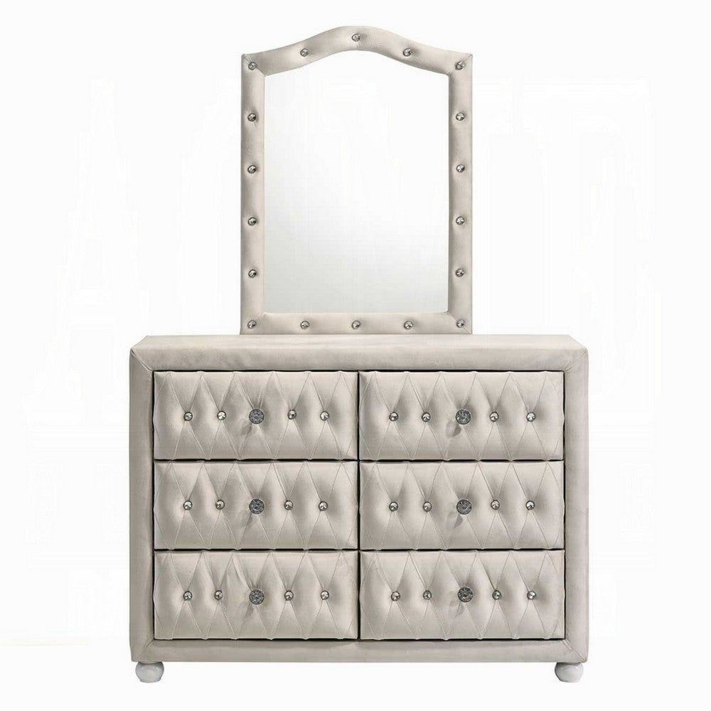 Rex 40 Inch Wide Dresser, 6 Drawers, Crystal Tufted Beige Upholstery