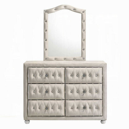 Rex 40 Inch Wide Dresser, 6 Drawers, Crystal Tufted Beige Upholstery