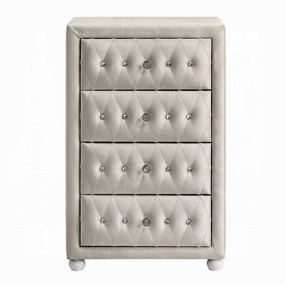 Rex Tall Dresser Chest, 4 Drawers, Crystal Tufted Beige Upholstery