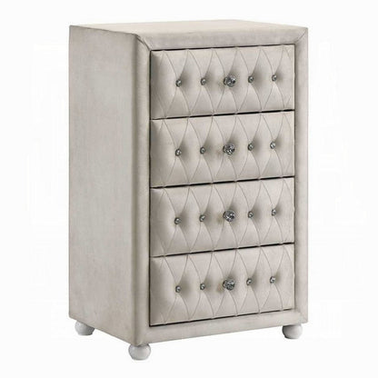 Rex Tall Dresser Chest, 4 Drawers, Crystal Tufted Beige Upholstery