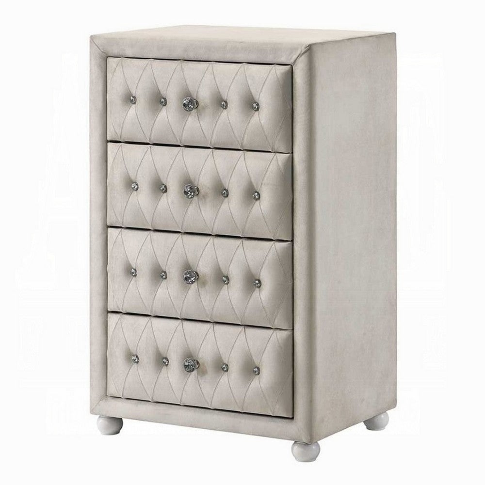 Rex Tall Dresser Chest, 4 Drawers, Crystal Tufted Beige Upholstery