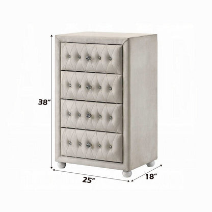Rex Tall Dresser Chest, 4 Drawers, Crystal Tufted Beige Upholstery