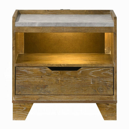 Gary Nightstand with LED, 1 Drawer and Open Cubby, Farmhouse Aspen Brown