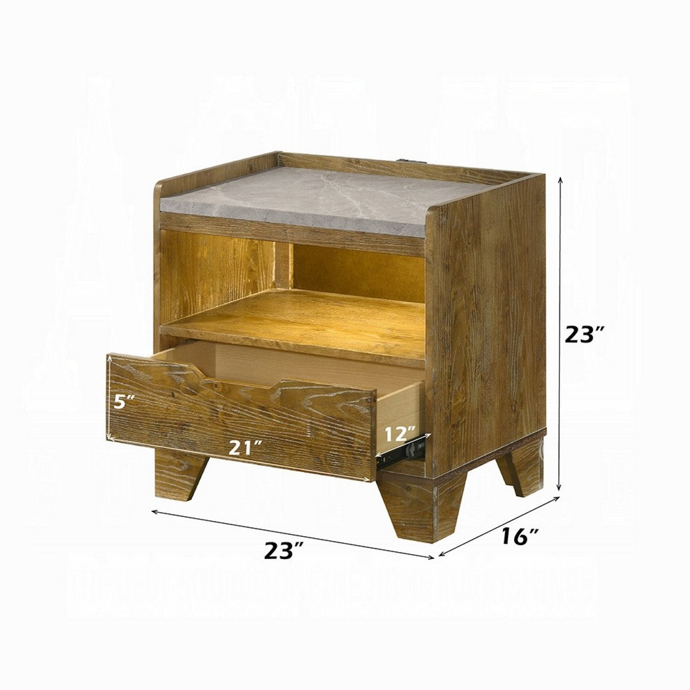 Gary Nightstand with LED, 1 Drawer and Open Cubby, Farmhouse Aspen Brown
