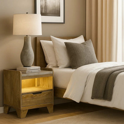 Gary Nightstand with LED, 1 Drawer and Open Cubby, Farmhouse Aspen Brown