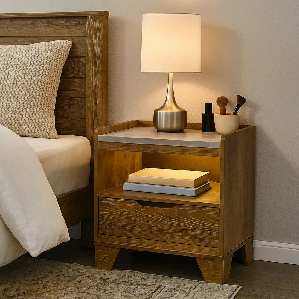 Gary Nightstand with LED, 1 Drawer and Open Cubby, Farmhouse Aspen Brown