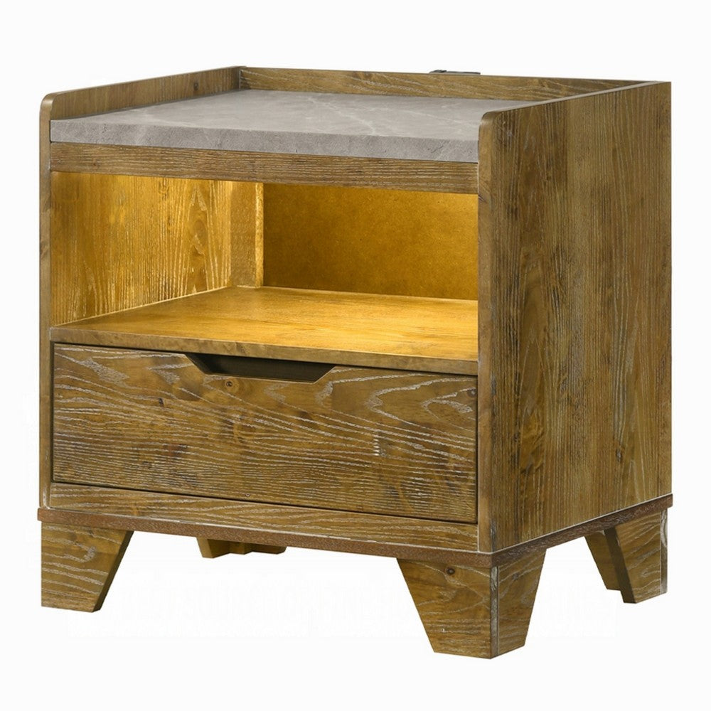 Gary Nightstand with LED, 1 Drawer and Open Cubby, Farmhouse Aspen Brown