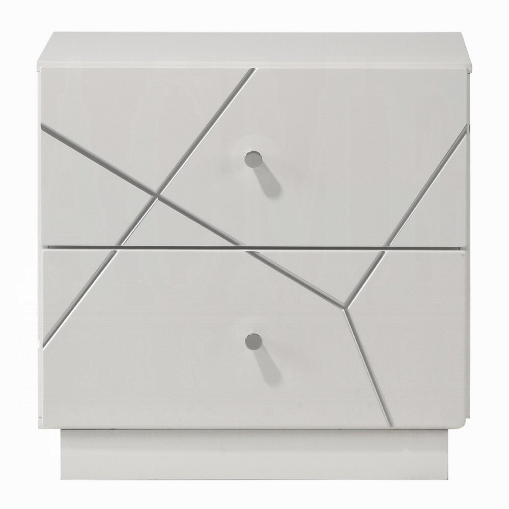 Esy Nightstand, 2 Drawers with Crystal Knobs, White Carved Pattern