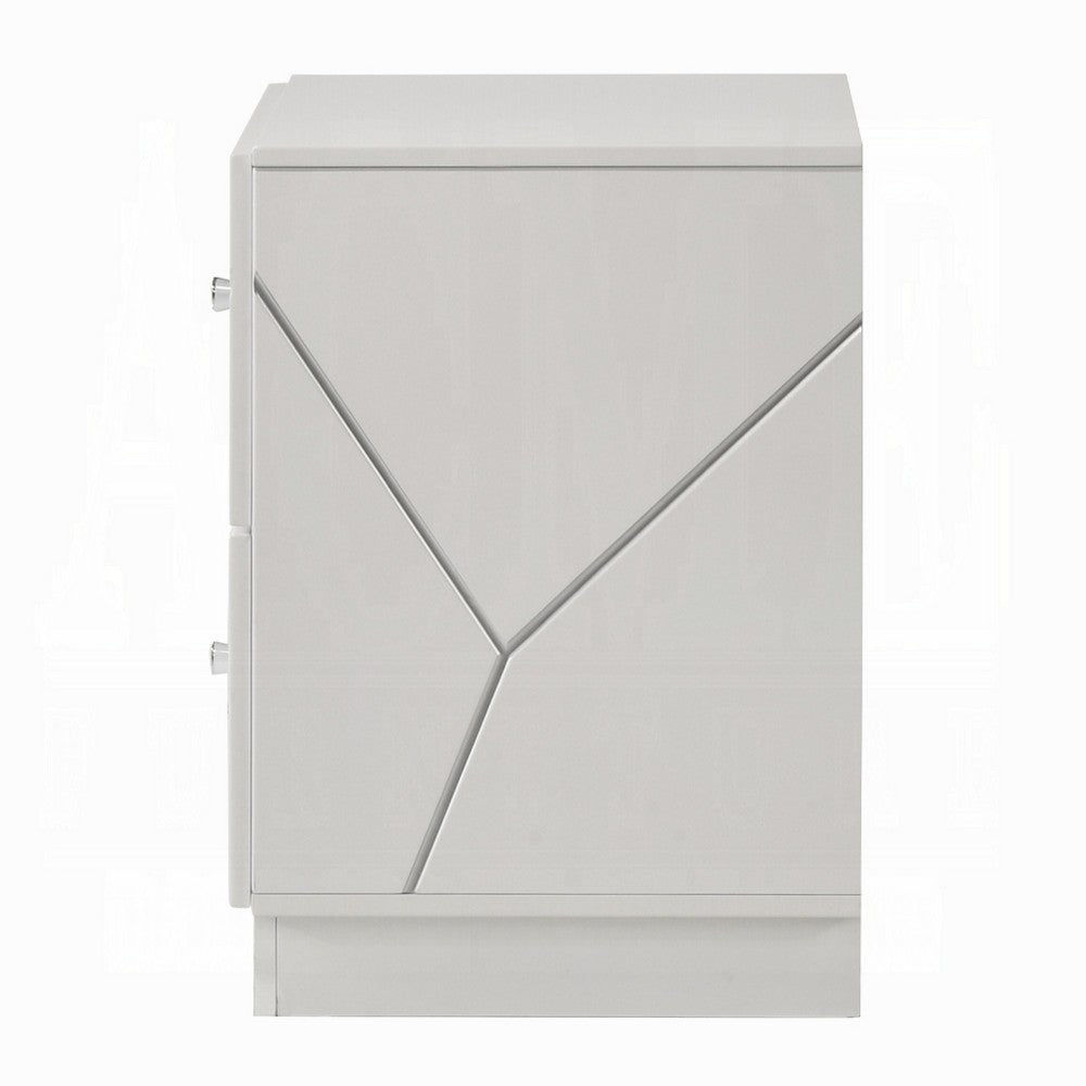 Esy Nightstand, 2 Drawers with Crystal Knobs, White Carved Pattern