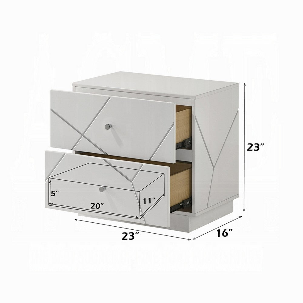 Esy Nightstand, 2 Drawers with Crystal Knobs, White Carved Pattern