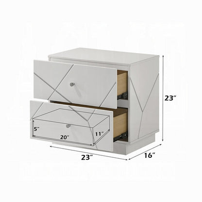 Esy Nightstand, 2 Drawers with Crystal Knobs, White Carved Pattern