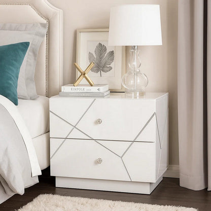 Esy Nightstand, 2 Drawers with Crystal Knobs, White Carved Pattern