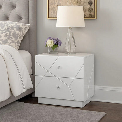 Esy Nightstand, 2 Drawers with Crystal Knobs, White Carved Pattern