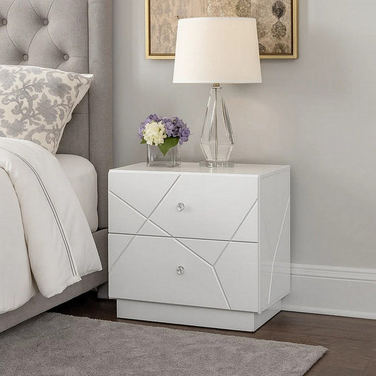 Esy Nightstand, 2 Drawers with Crystal Knobs, White Carved Pattern