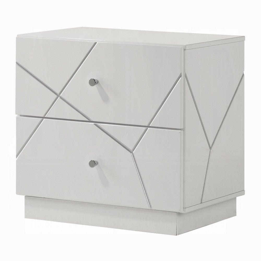 Esy Nightstand, 2 Drawers with Crystal Knobs, White Carved Pattern