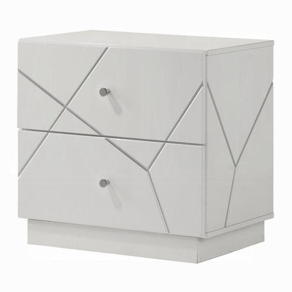 Esy Nightstand, 2 Drawers with Crystal Knobs, White Carved Pattern
