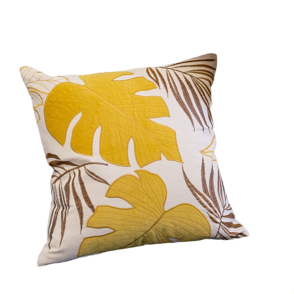 Lefy Accent Pillow Cover, Yellow Cover and White Leaf Vibes