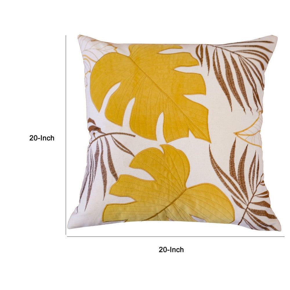 Lefy Accent Pillow Cover, Yellow Cover and White Leaf Vibes