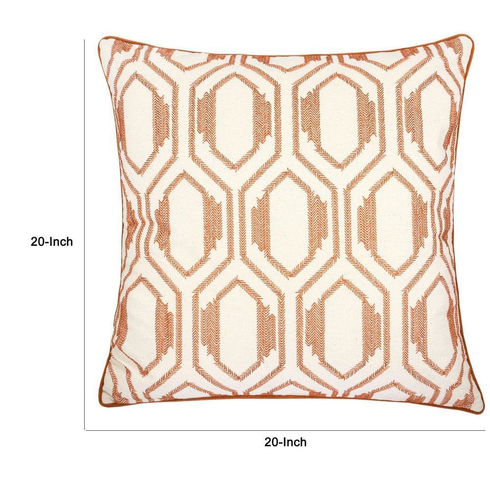 Throw Pillow Cover, Rust Orange Herringbone Embroidery 20 Inch Square