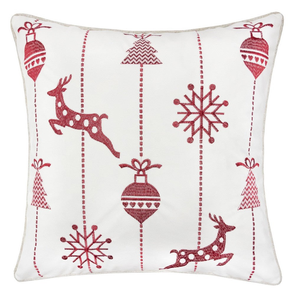 Throw Pillow Cover, Red Embroidered Reindeer and Snowflakes