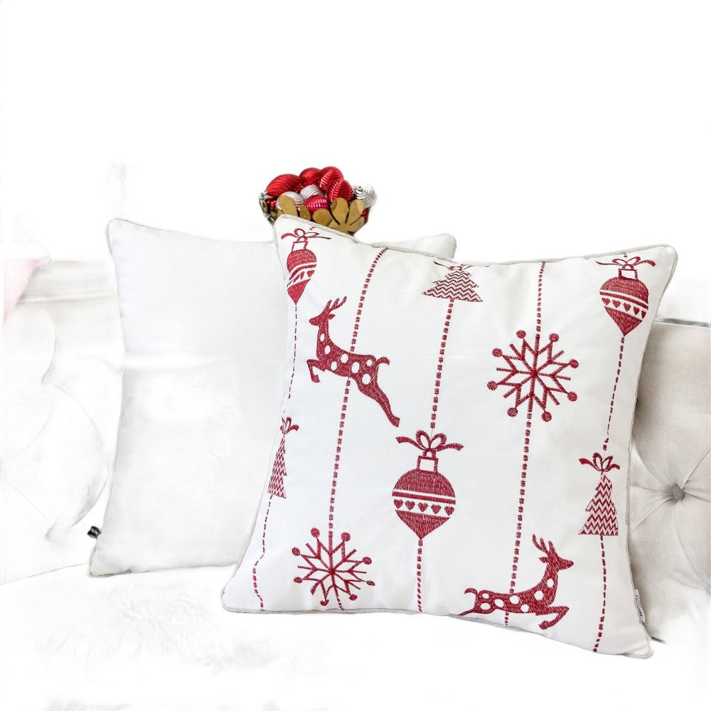 Throw Pillow Cover, Red Embroidered Reindeer and Snowflakes