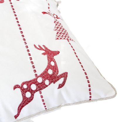 Throw Pillow Cover, Red Embroidered Reindeer and Snowflakes