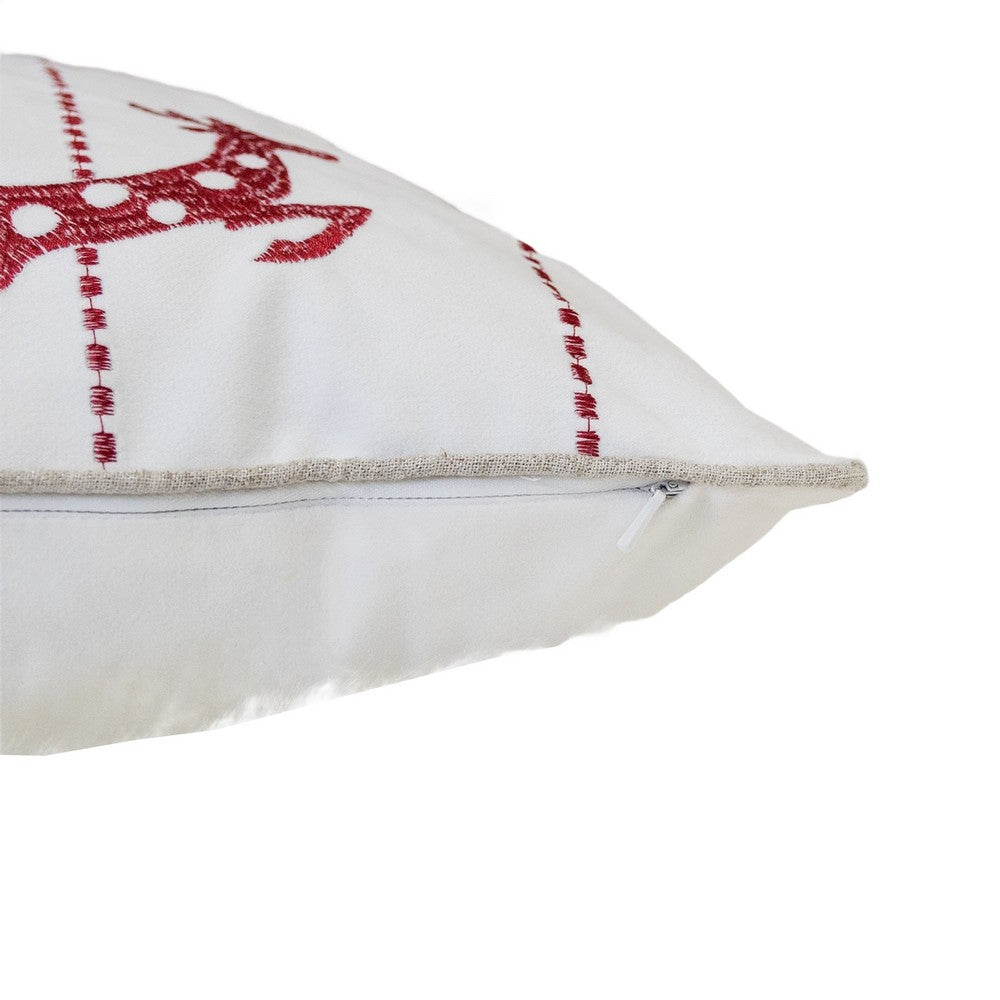 Throw Pillow Cover, Red Embroidered Reindeer and Snowflakes