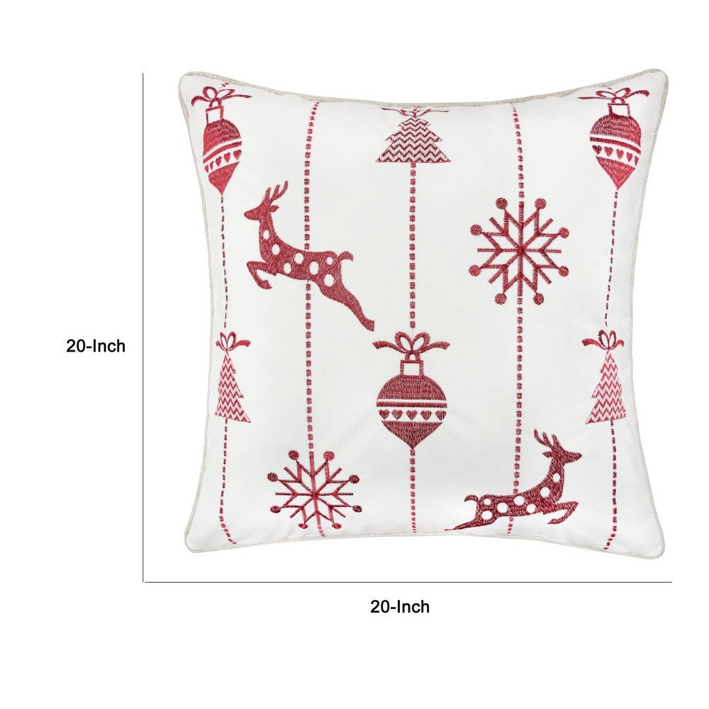 Throw Pillow Cover, Red Embroidered Reindeer and Snowflakes