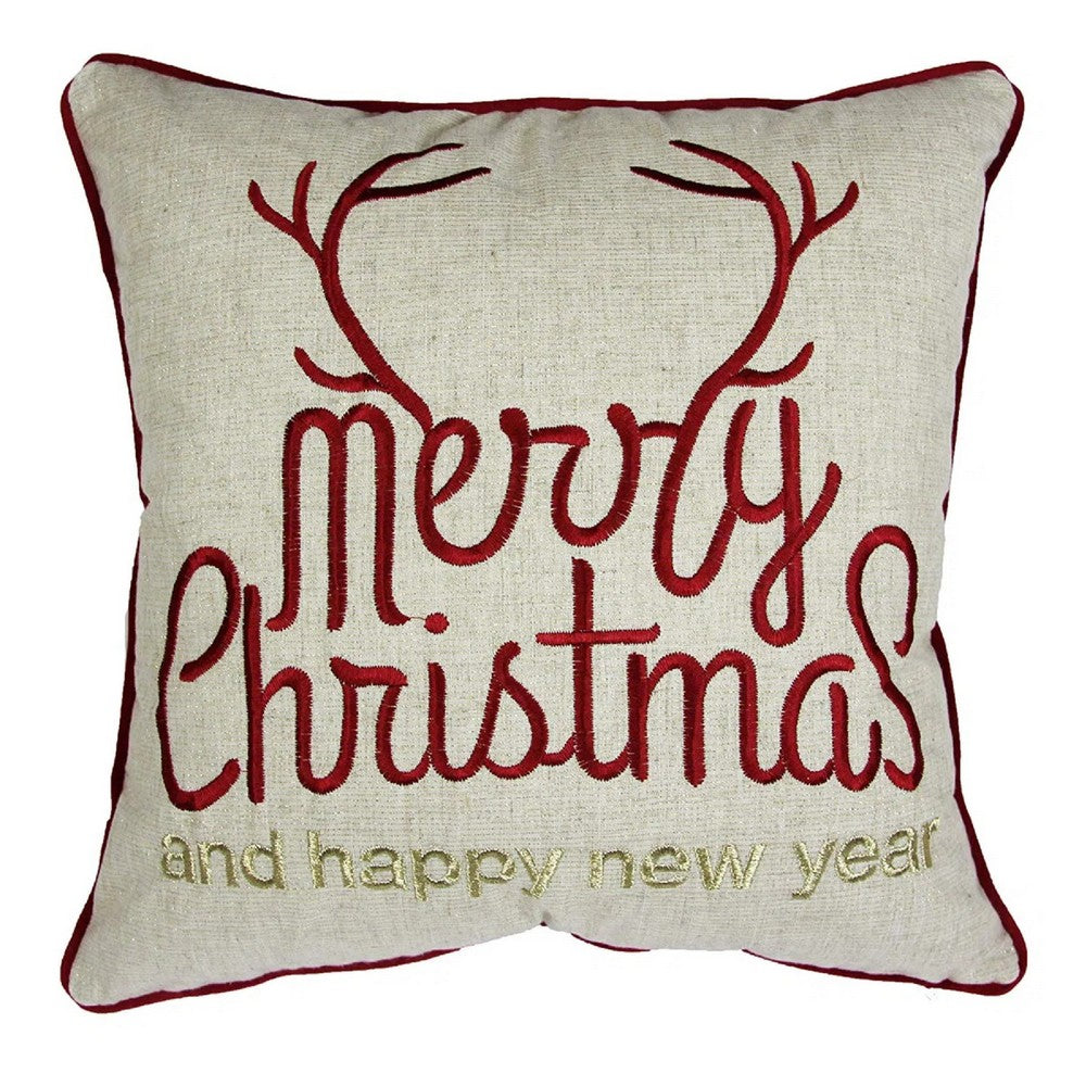 Throw Pillow Cover, Merry Christmas, Red with Gold Accents