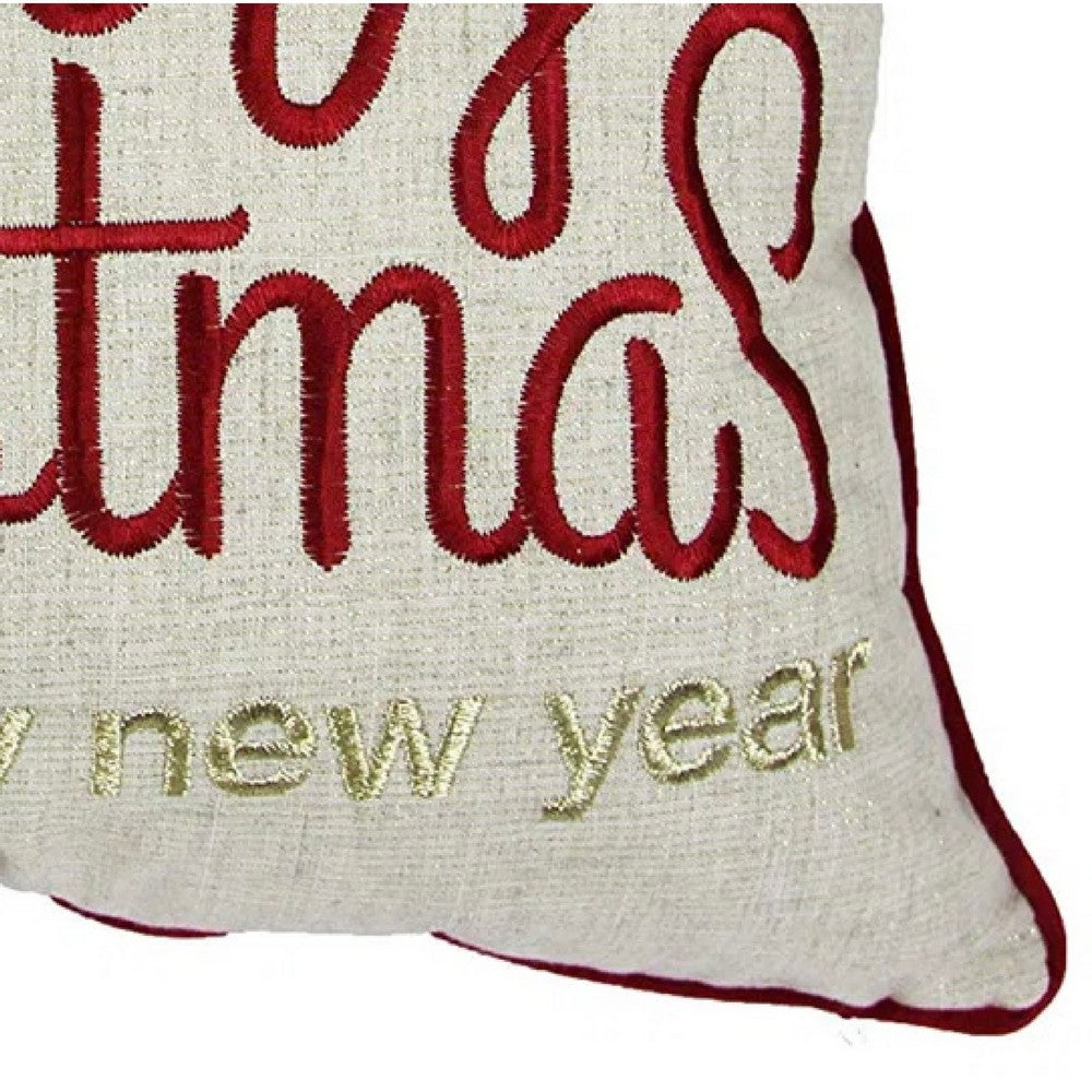 Throw Pillow Cover, Merry Christmas, Red with Gold Accents