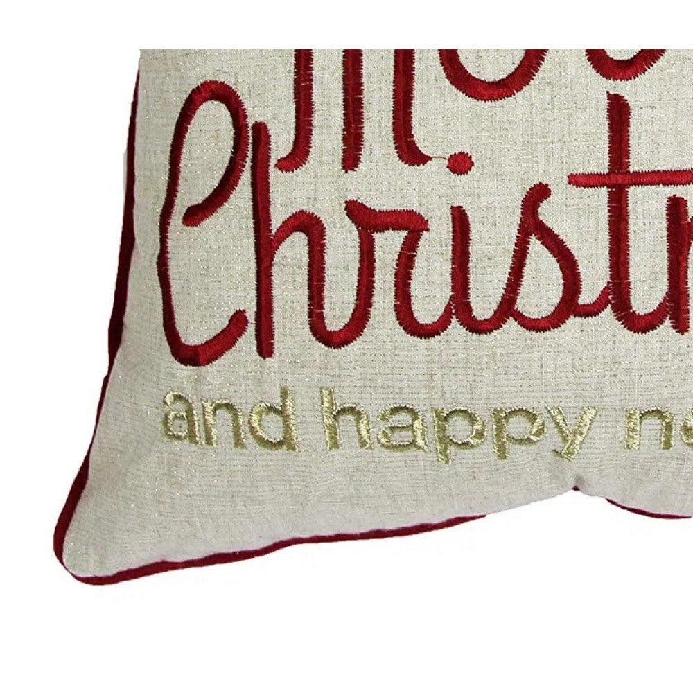 Throw Pillow Cover, Merry Christmas, Red with Gold Accents