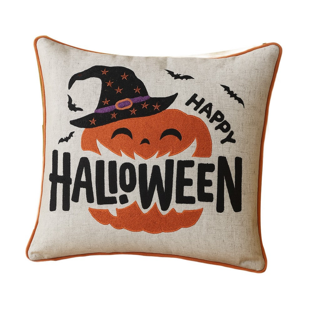 Halloween Pumpkin Witch Embroidered Throw Pillow Cover
