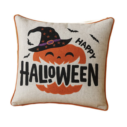 Halloween Pumpkin Witch Embroidered Throw Pillow Cover