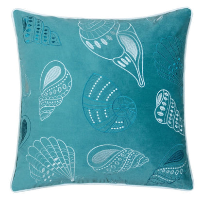 Meo Throw Pillow, Embroidered Seashell Pattern Blue Velvet