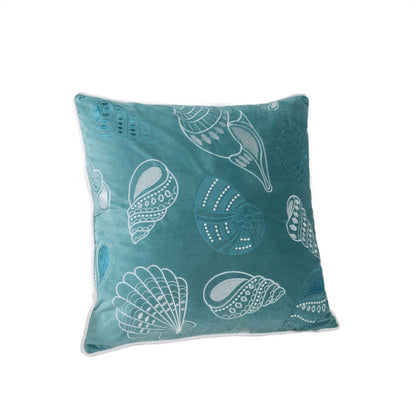 Meo Throw Pillow, Embroidered Seashell Pattern Blue Velvet