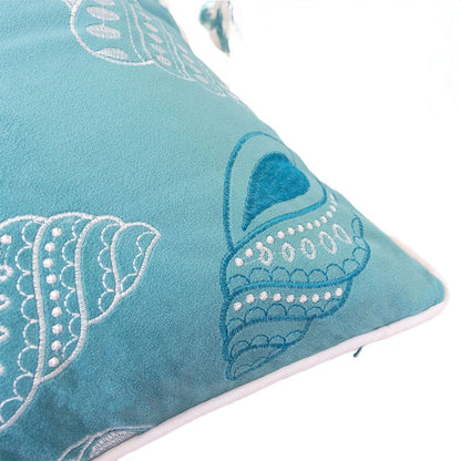 Meo Throw Pillow, Embroidered Seashell Pattern Blue Velvet