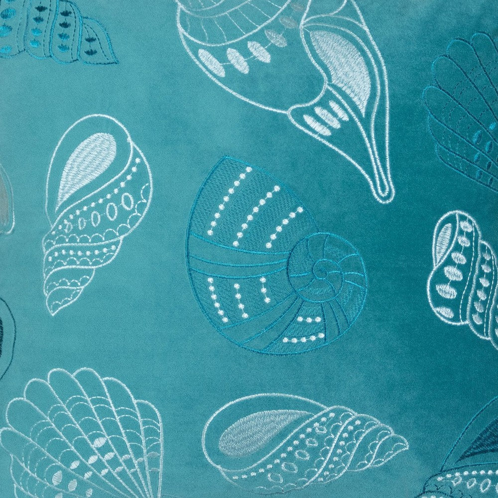 Meo Throw Pillow, Embroidered Seashell Pattern Blue Velvet