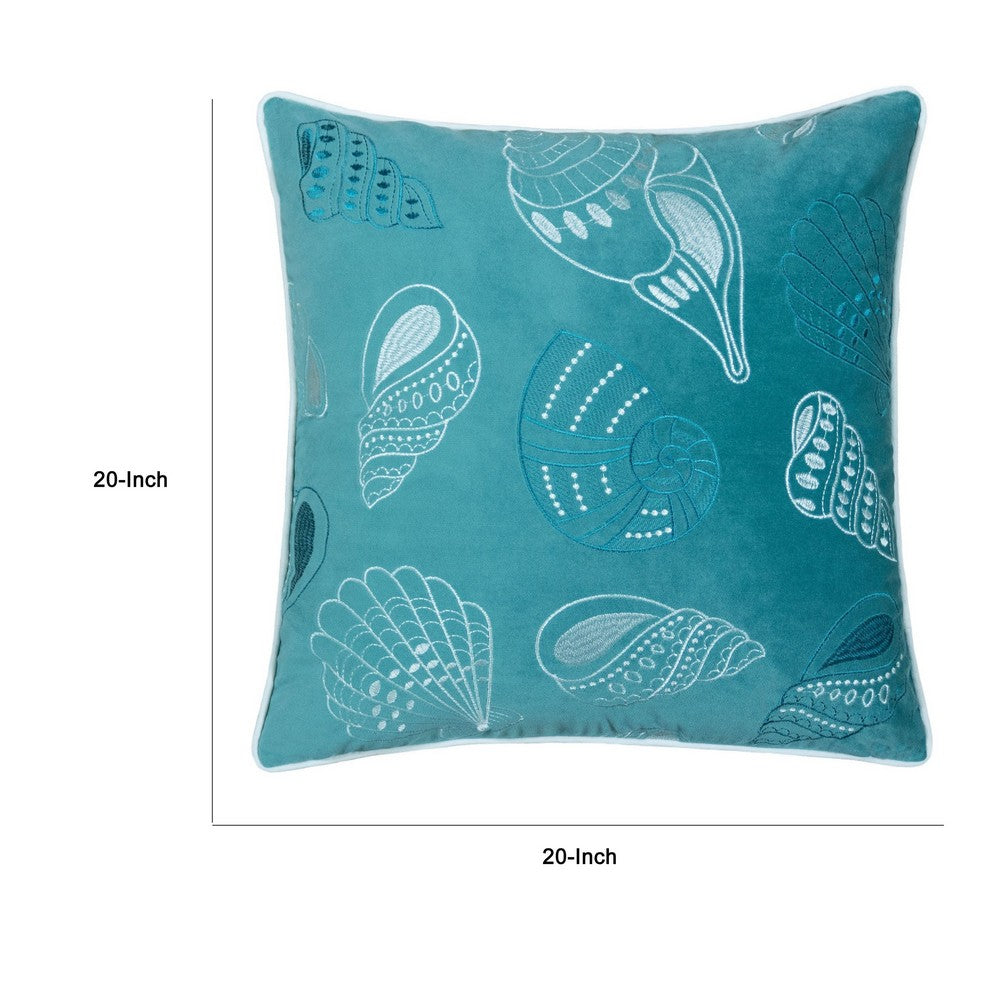 Meo Throw Pillow, Embroidered Seashell Pattern Blue Velvet