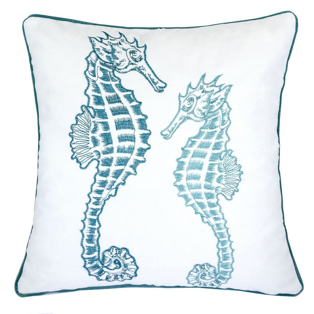 Meo Throw Pillow, Embroidered Seahorse, White Blue Velvet
